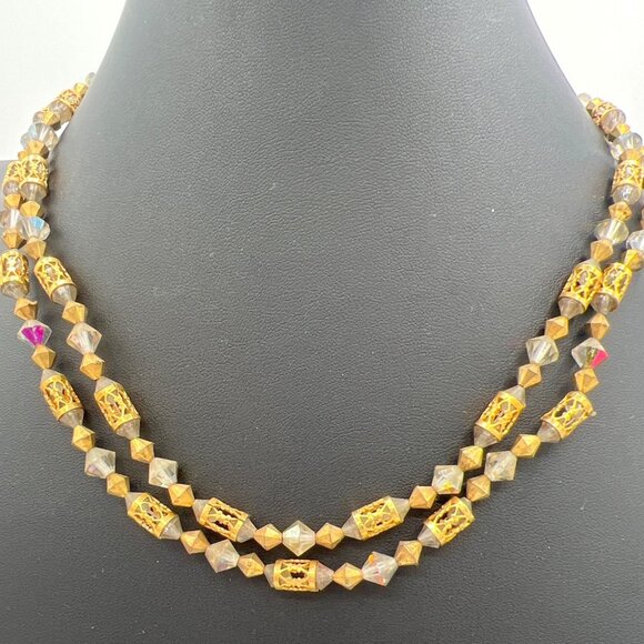 Vtg Double Strand 18" Beaded Necklace GoldTone AB Crystal Bicone Filigree Tubes - Picture 1 of 8
